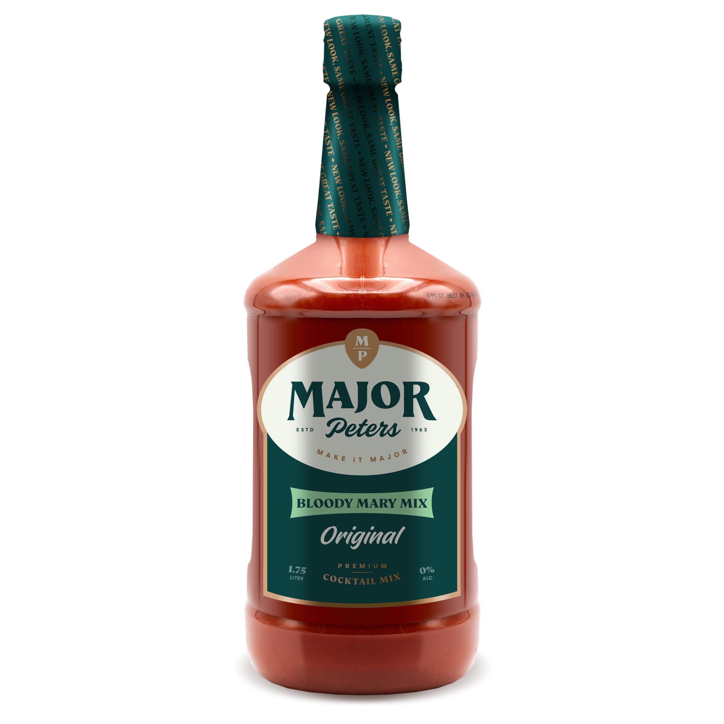 Major Peters' Premium Bloody Mary mix bottle close-up, natural ingredients.
