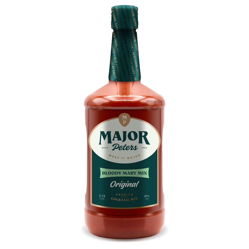 Major Peters' Premium Bloody Mary mix bottle close-up, natural ingredients.
