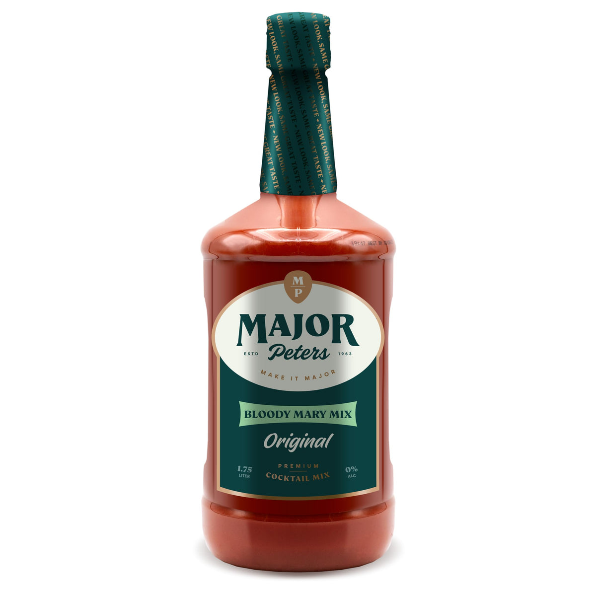 Major Peters' Premium Bloody Mary mix bottle close-up, natural ingredients.