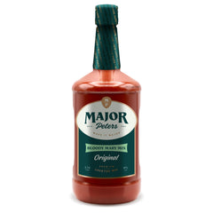 Major Peters' Premium Bloody Mary mix bottle close-up, natural ingredients.