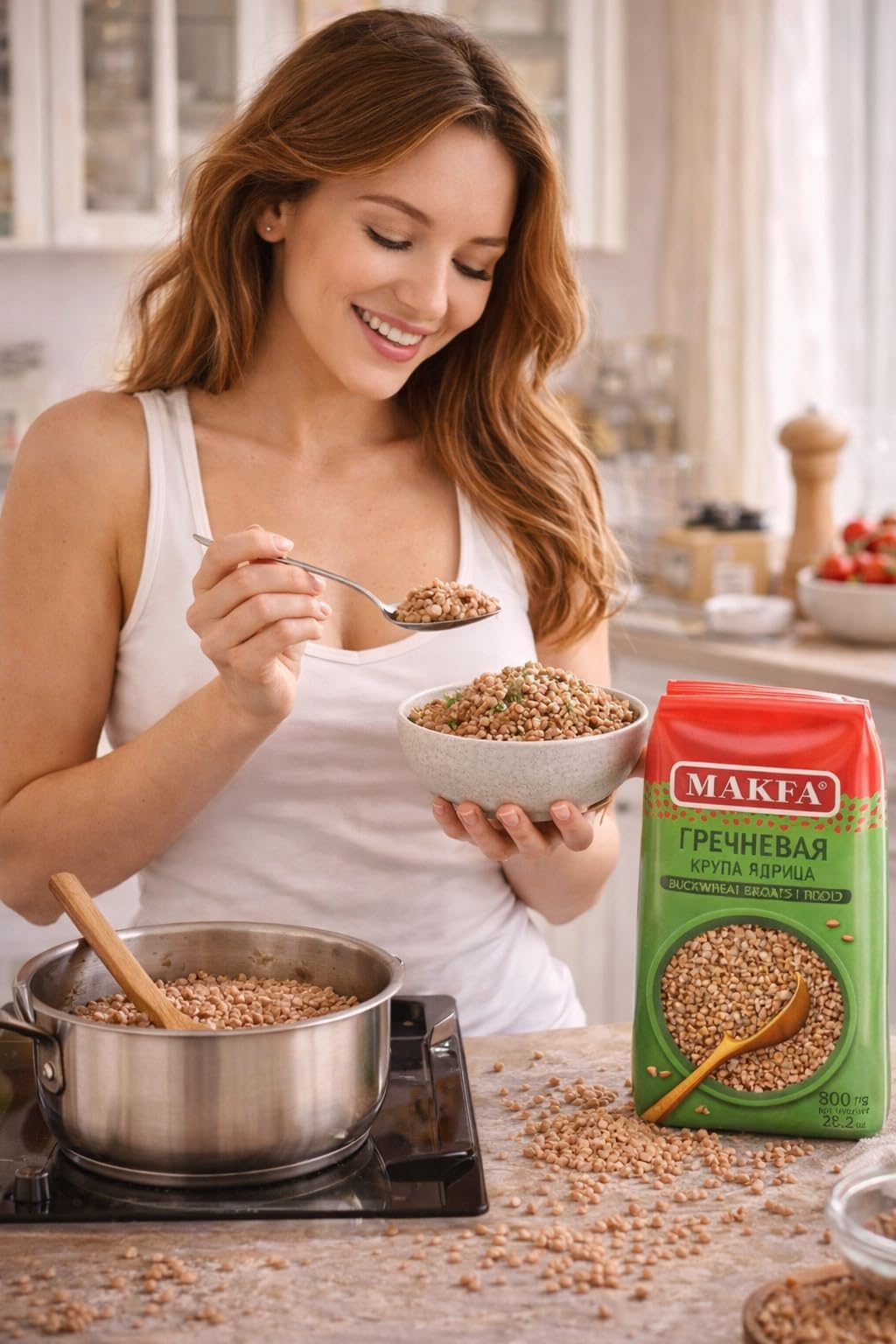 Makfa buckwheat groats grain texture close-up highlights firm bite in dishes