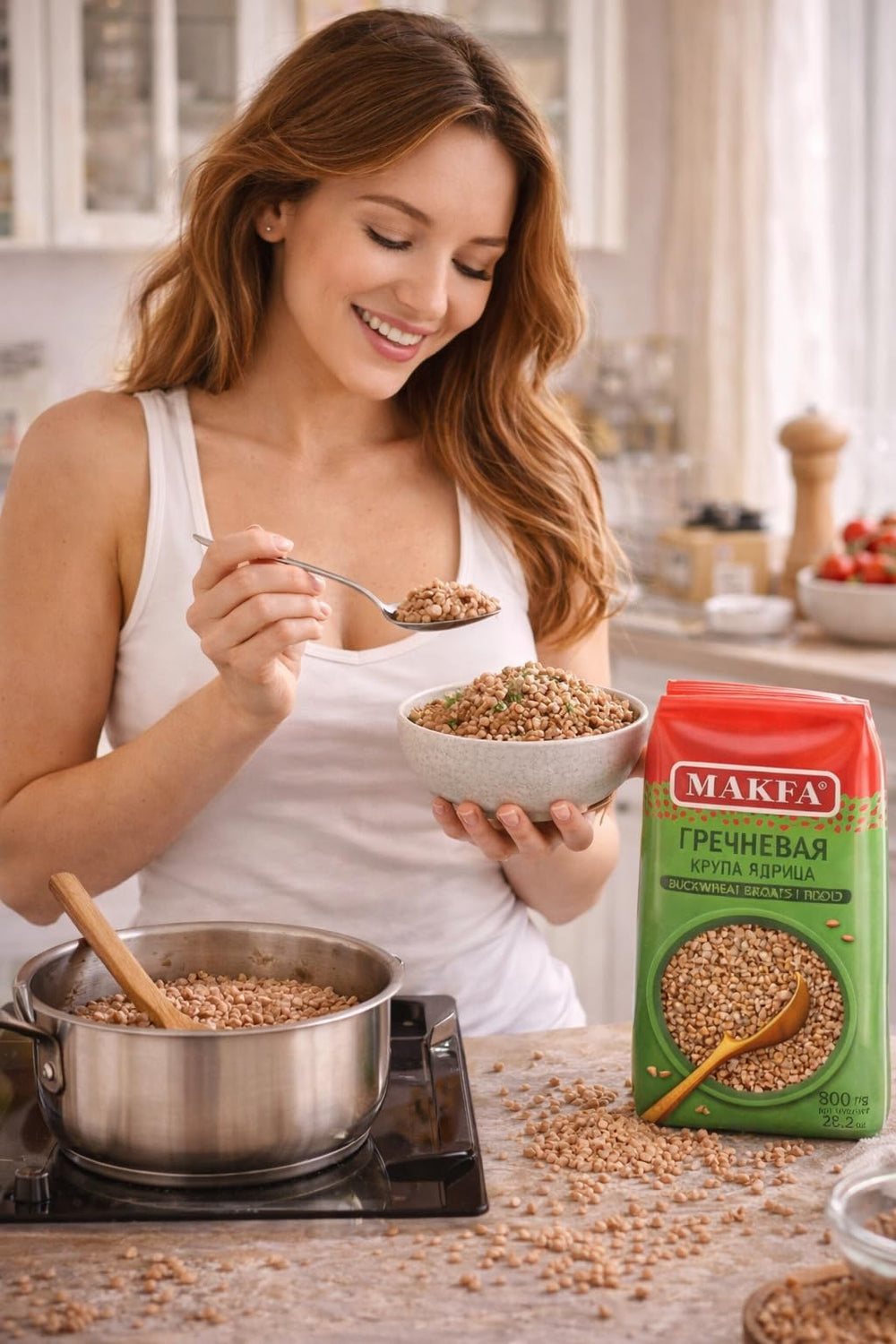Makfa buckwheat groats grain texture close-up highlights firm bite in dishes