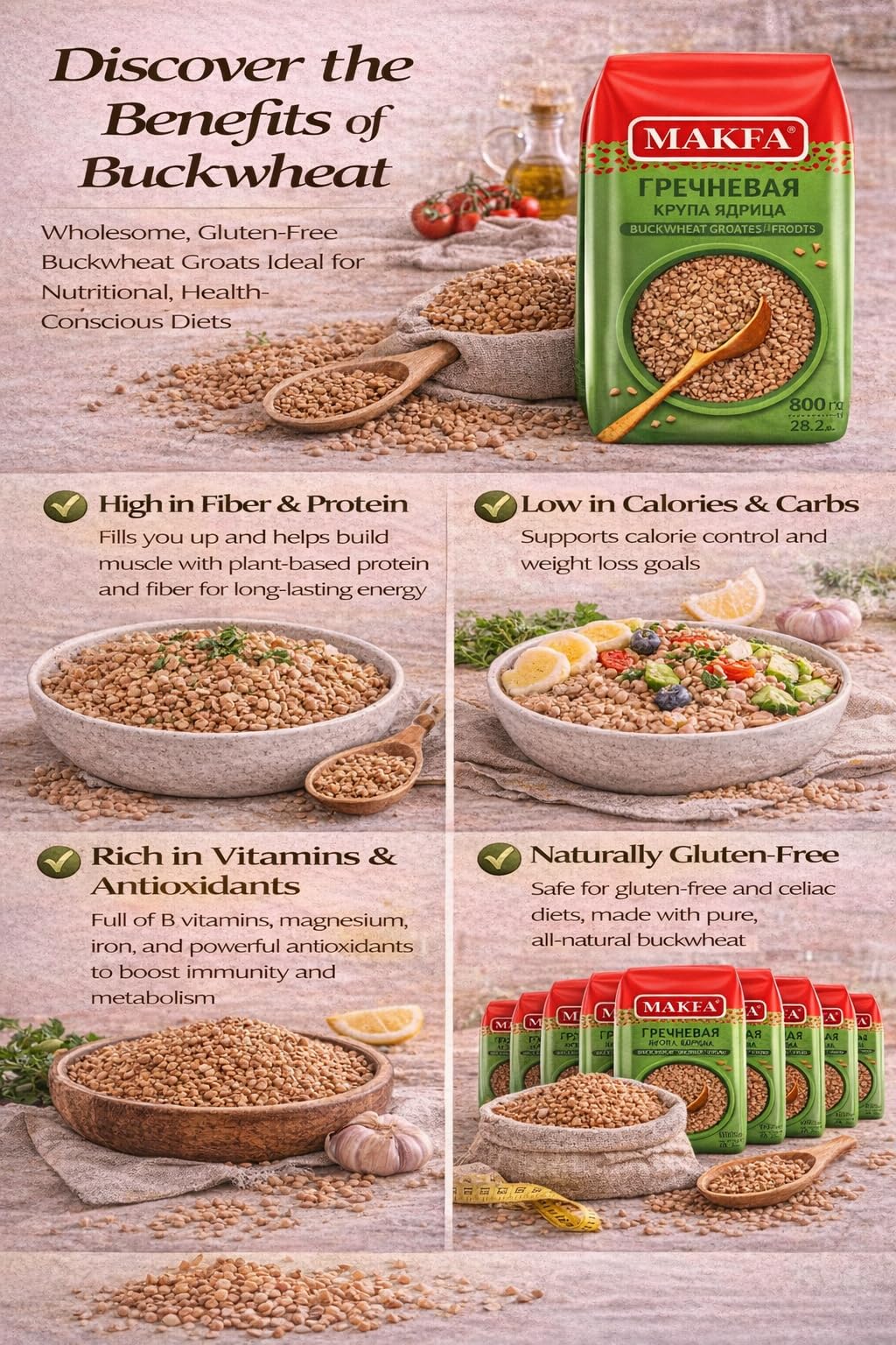 Makfa buckwheat groats kasha tradition arranged with parsley and onions