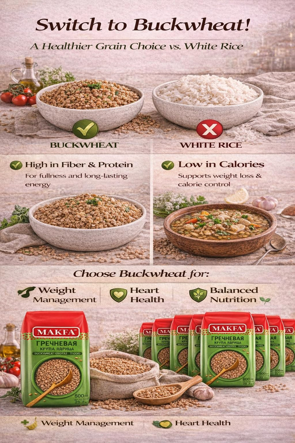 Makfa buckwheat groats pilaf serving with herbs for lively meals