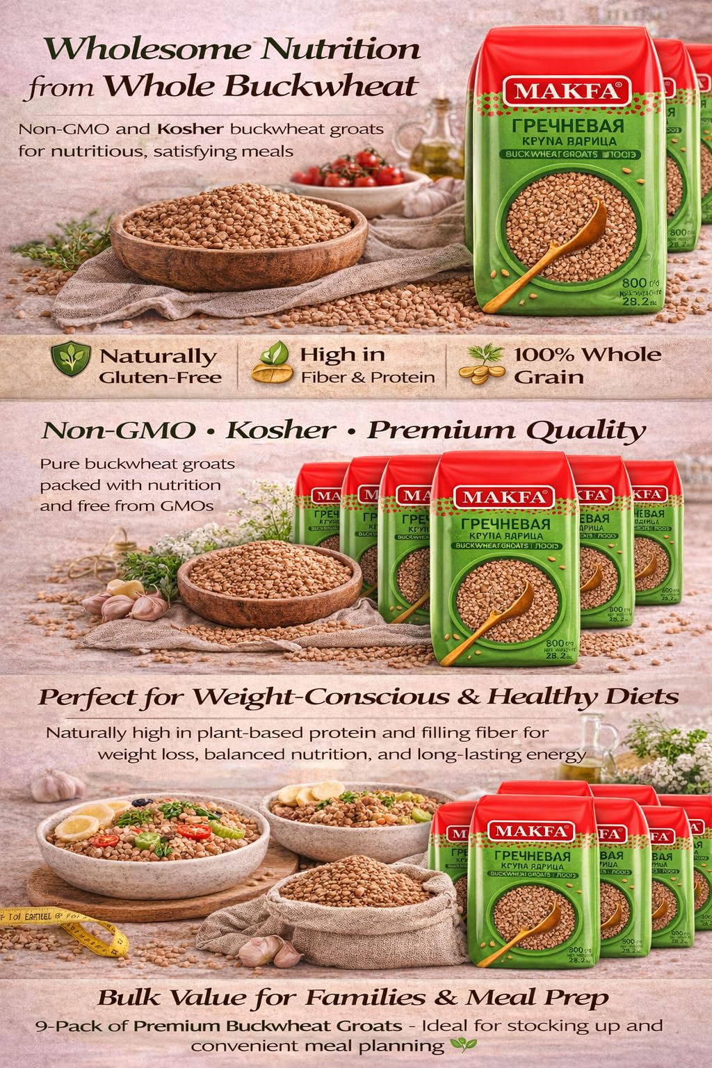 Makfa buckwheat groats raw bulk bags ready for quick meals and versatile cooking