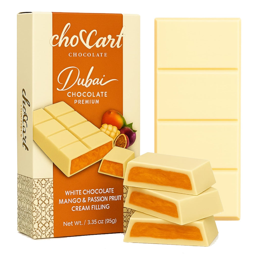 Makro Food ChocCart Dubai bar closeup, creamy milk chocolate shine.