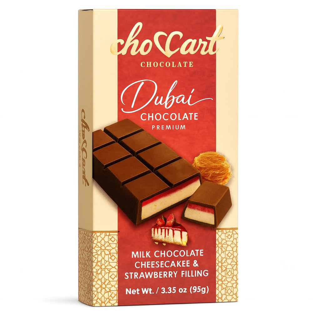 Makro Food ChocCart Dubai bar unwrapped reveals premium chocolate and cheesecake filling.