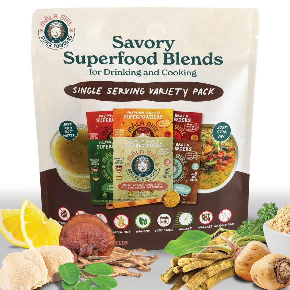 Mala Girl broth variety pack sachet for quick plant-based hydration and flavorful rituals.