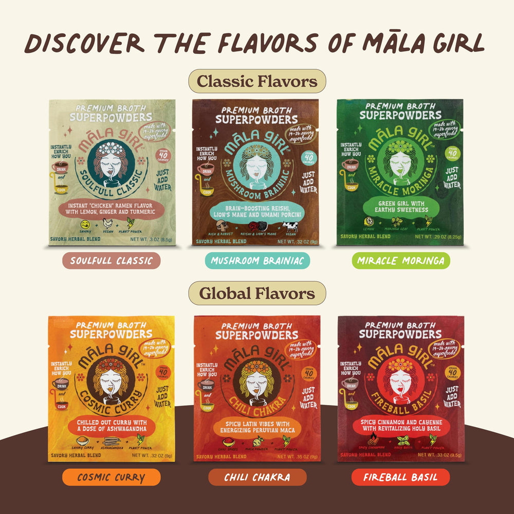 Mala Girl Miracle Moringa sachet for nutrient-rich sipping and nourishing soups.