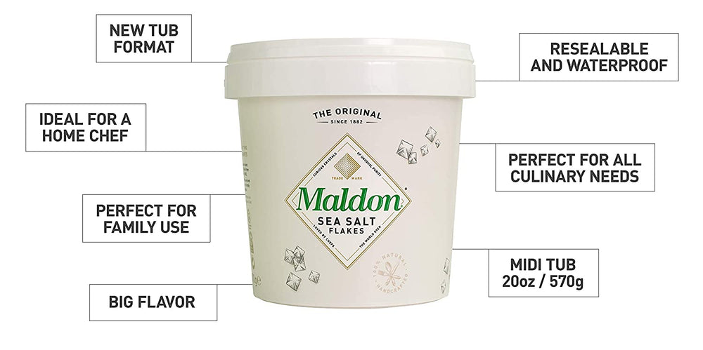 Maldon 20oz two-pack tub on kitchen counter for versatile use