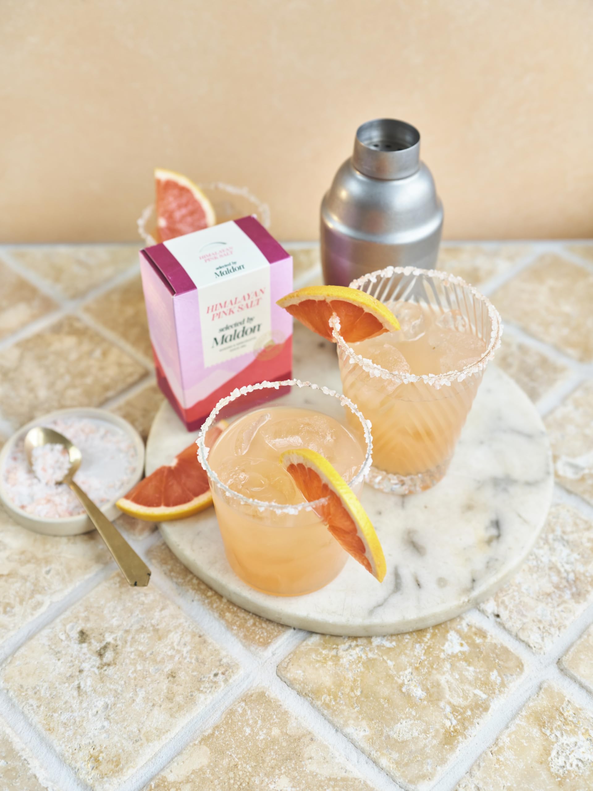 Pink salt from Maldon used as a cocktail garnish for color