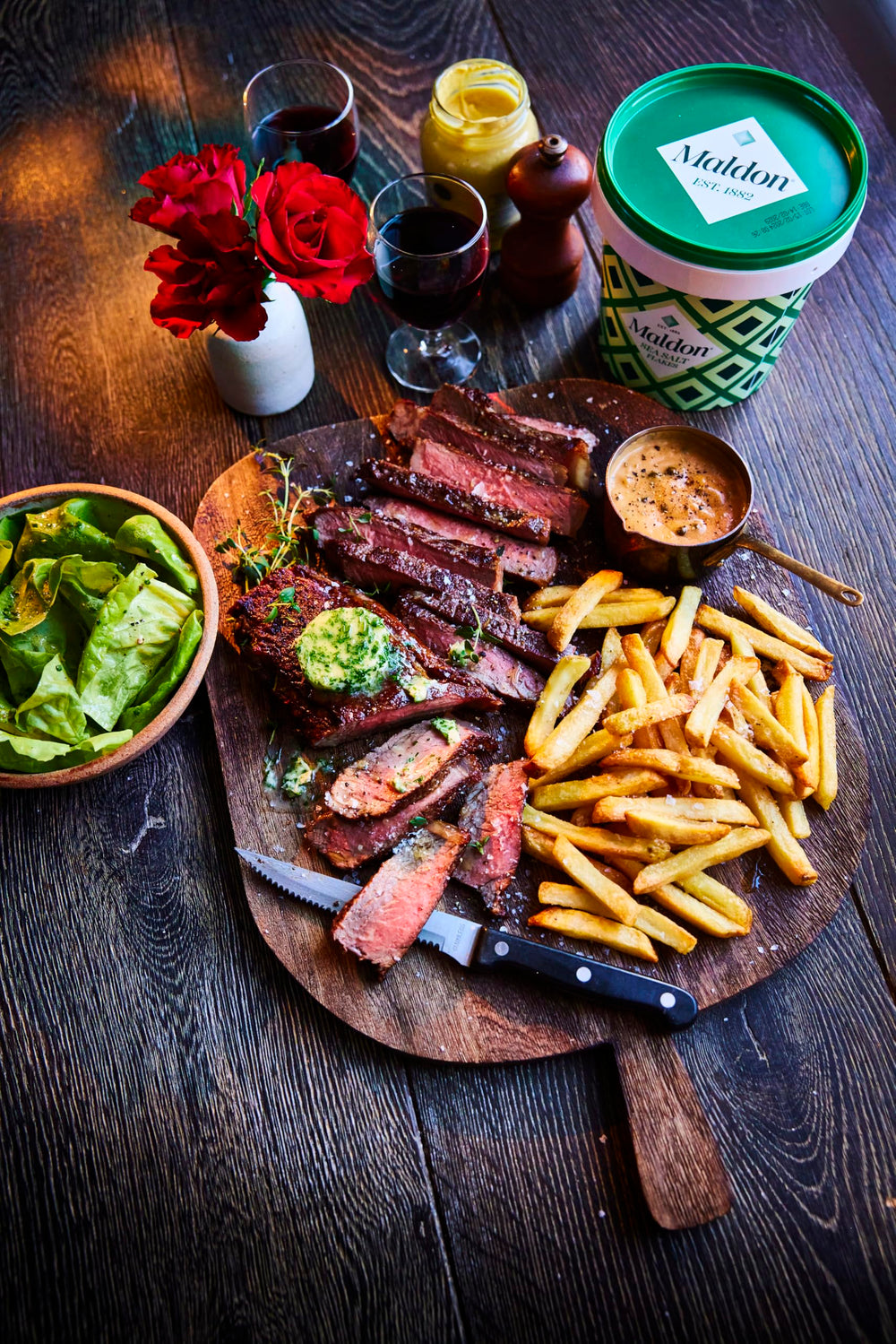Maldon Sea Salt flakes on grilled meats enhance crust.