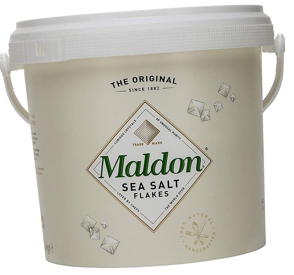 Maldon Sea Salt Flakes in a resealable tub, ideal for finishing dishes.