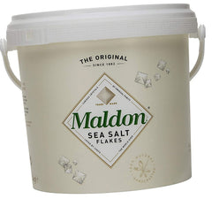 Maldon Sea Salt Flakes in a resealable tub, ideal for finishing dishes.