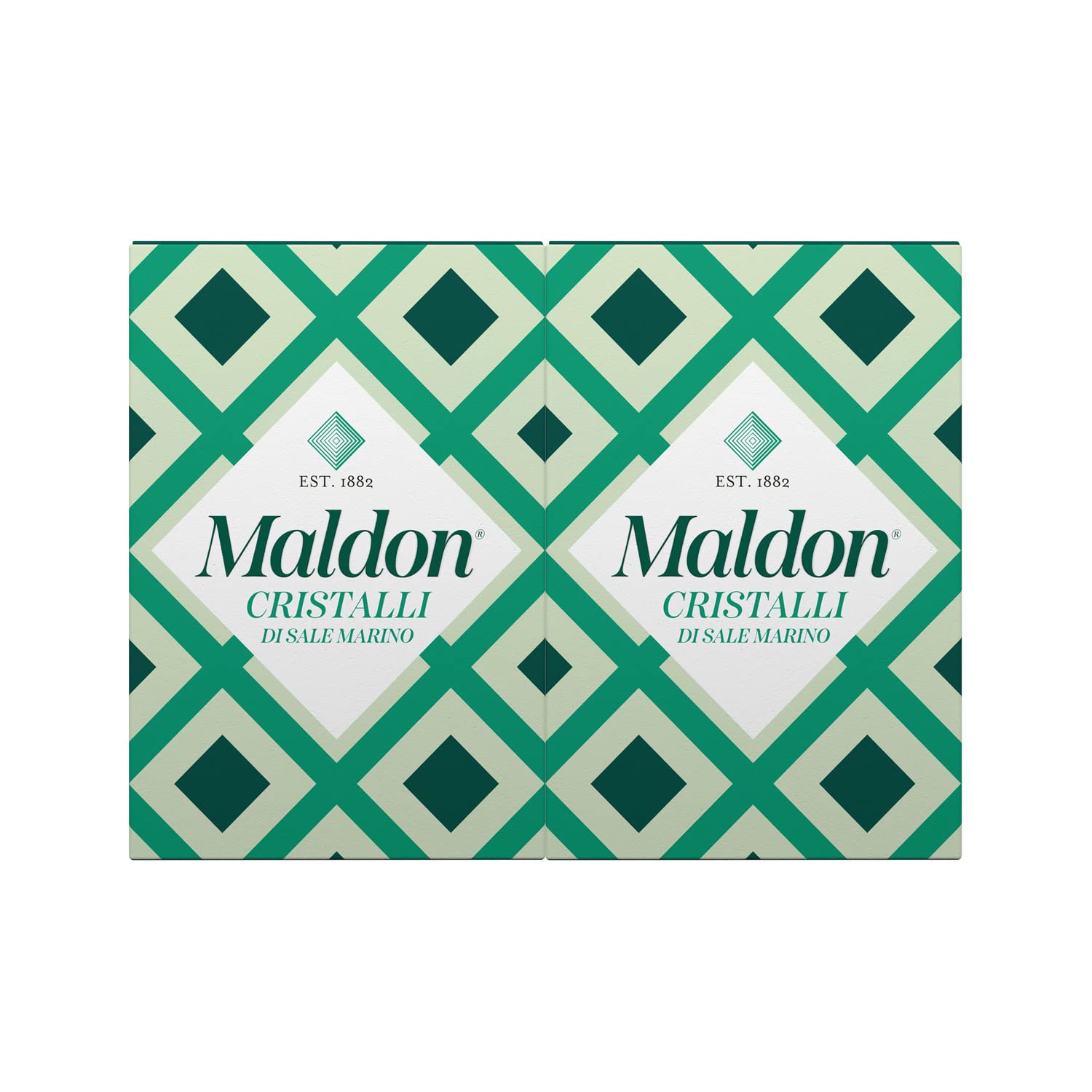 Maldon Sea Salt Flakes 125g two-pack front view shows flaky crystals for finishing dishes.