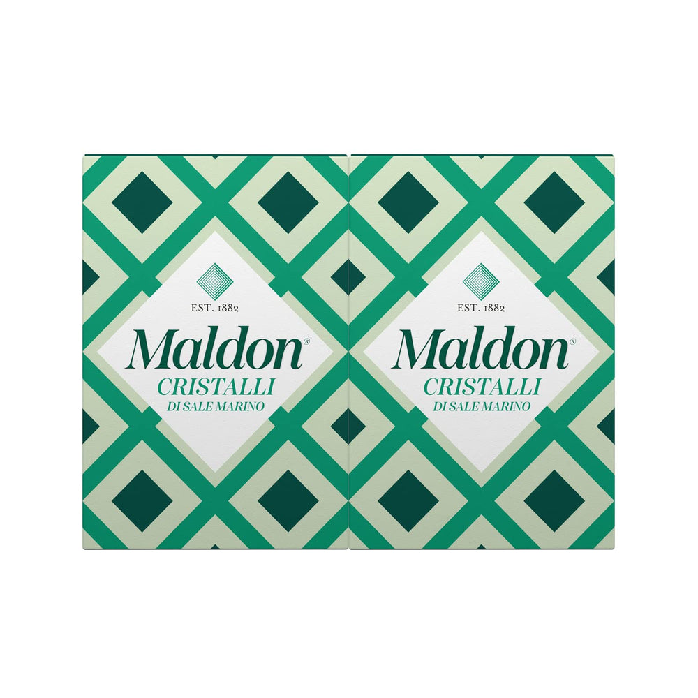 Maldon Sea Salt Flakes 125g two-pack front view shows flaky crystals for finishing dishes.