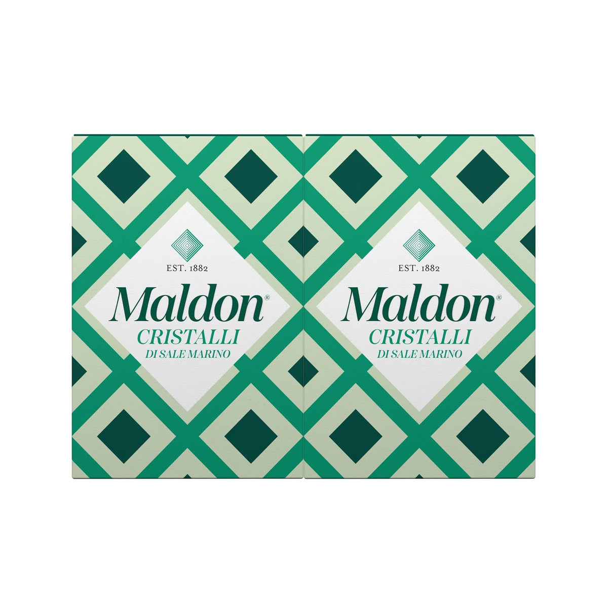 Maldon Sea Salt Flakes 125g two-pack front view shows flaky crystals for finishing dishes.