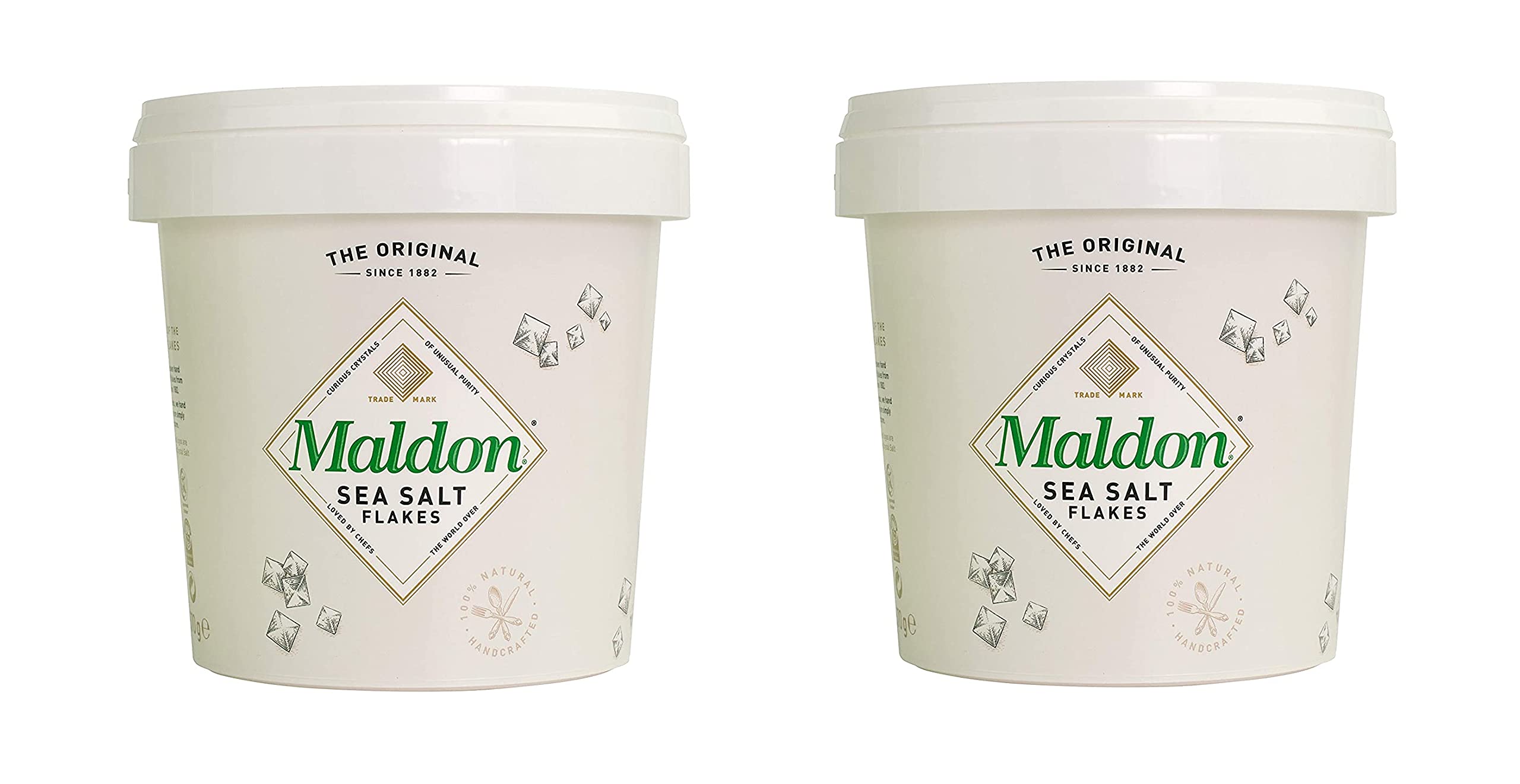 Maldon sea salt flakes pyramid crystals in a glass jar for finishing flavor
