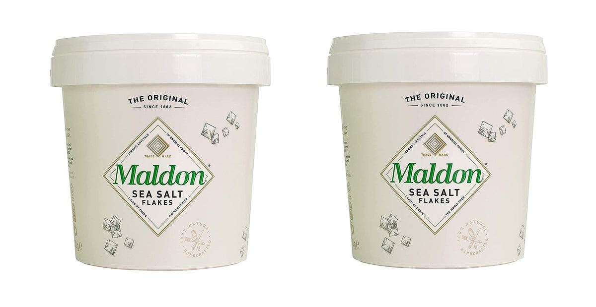 Maldon sea salt flakes pyramid crystals in a glass jar for finishing flavor
