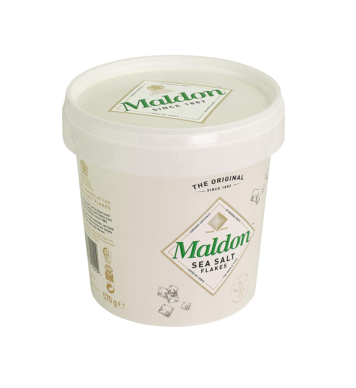 Maldon resealable tub showcasing sea salt flakes for easy, fresh seasoning
