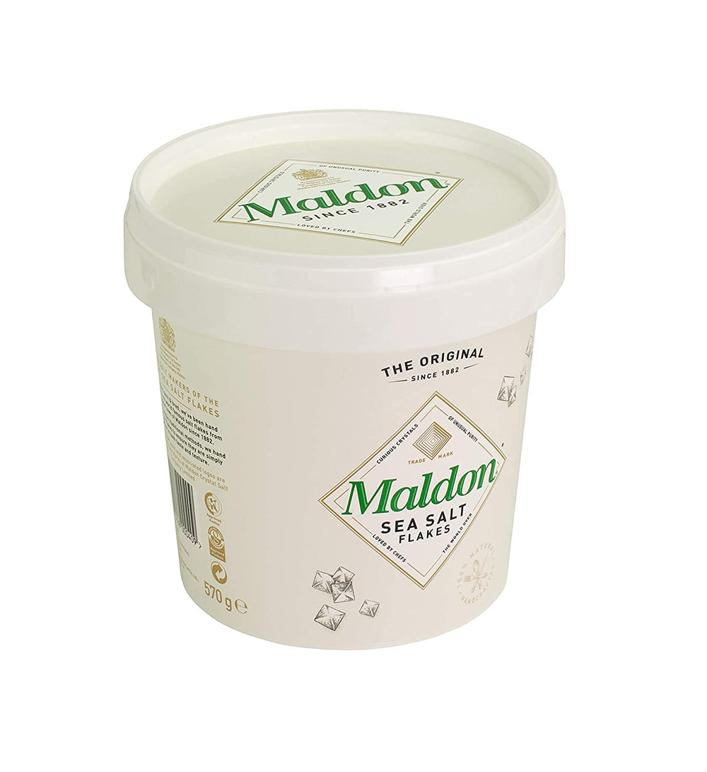 Maldon resealable tub showcasing sea salt flakes for easy, fresh seasoning