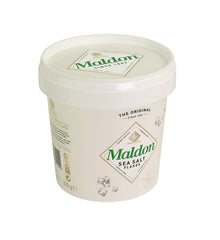 Maldon resealable tub showcasing sea salt flakes for easy, fresh seasoning