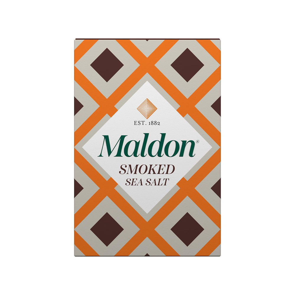 Maldon smoked sea salt flakes in a jar, rich smoky flavor to finish meats