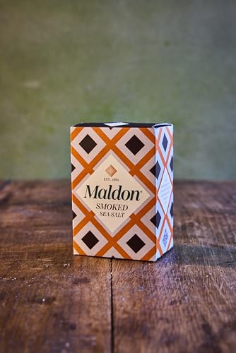 Maldon smoked sea salt flakes packaging, open sprinkle savor the smoky note