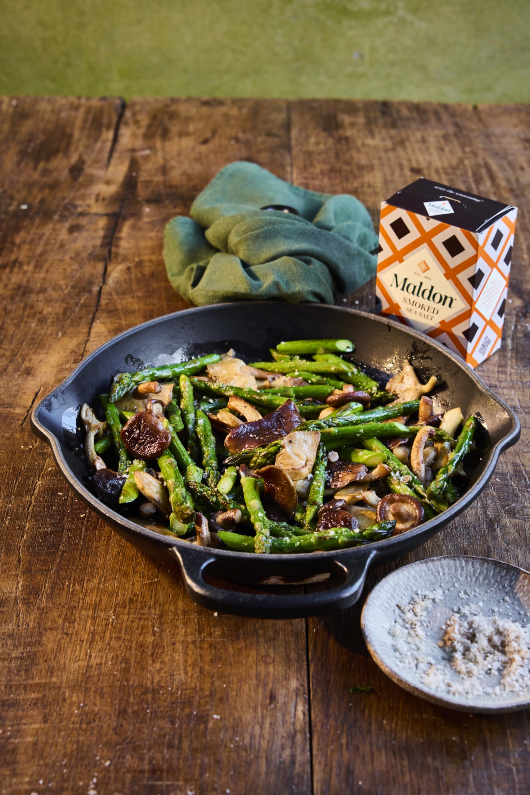 Maldon smoked sea salt flakes pantry display, sustainable sourcing adds flavor