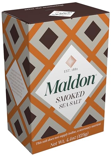 Maldon smoked sea salt packaging shows 4.4 oz jar, convenient to season.