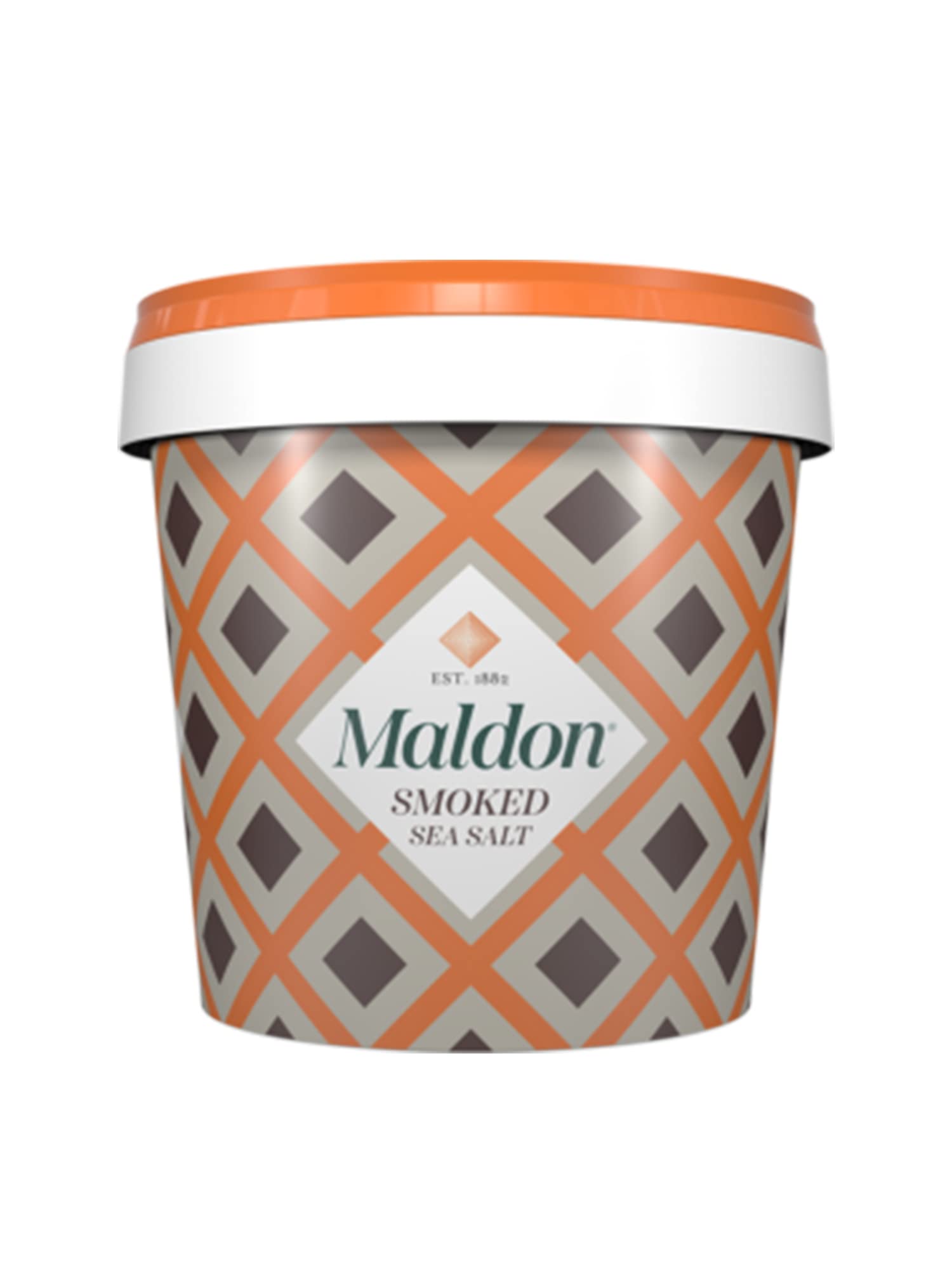Maldon smoked sea salt tub showing pyramid crystals, ideal for finishing grilled dishes