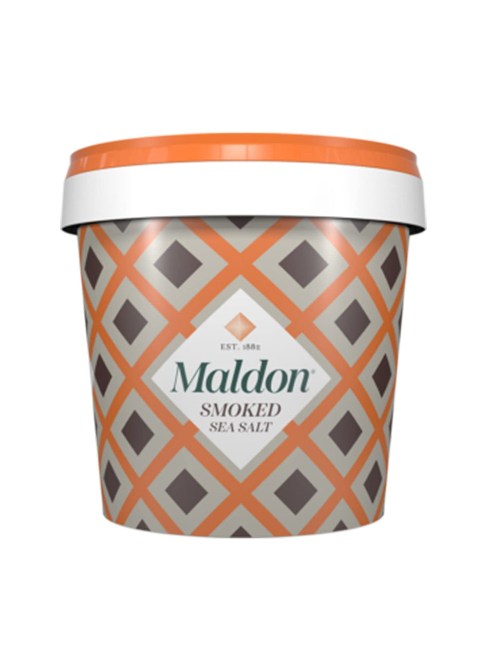 Maldon smoked sea salt tub showing pyramid crystals, ideal for finishing grilled dishes