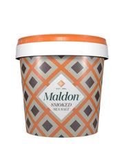 Maldon smoked sea salt tub showing pyramid crystals, ideal for finishing grilled dishes