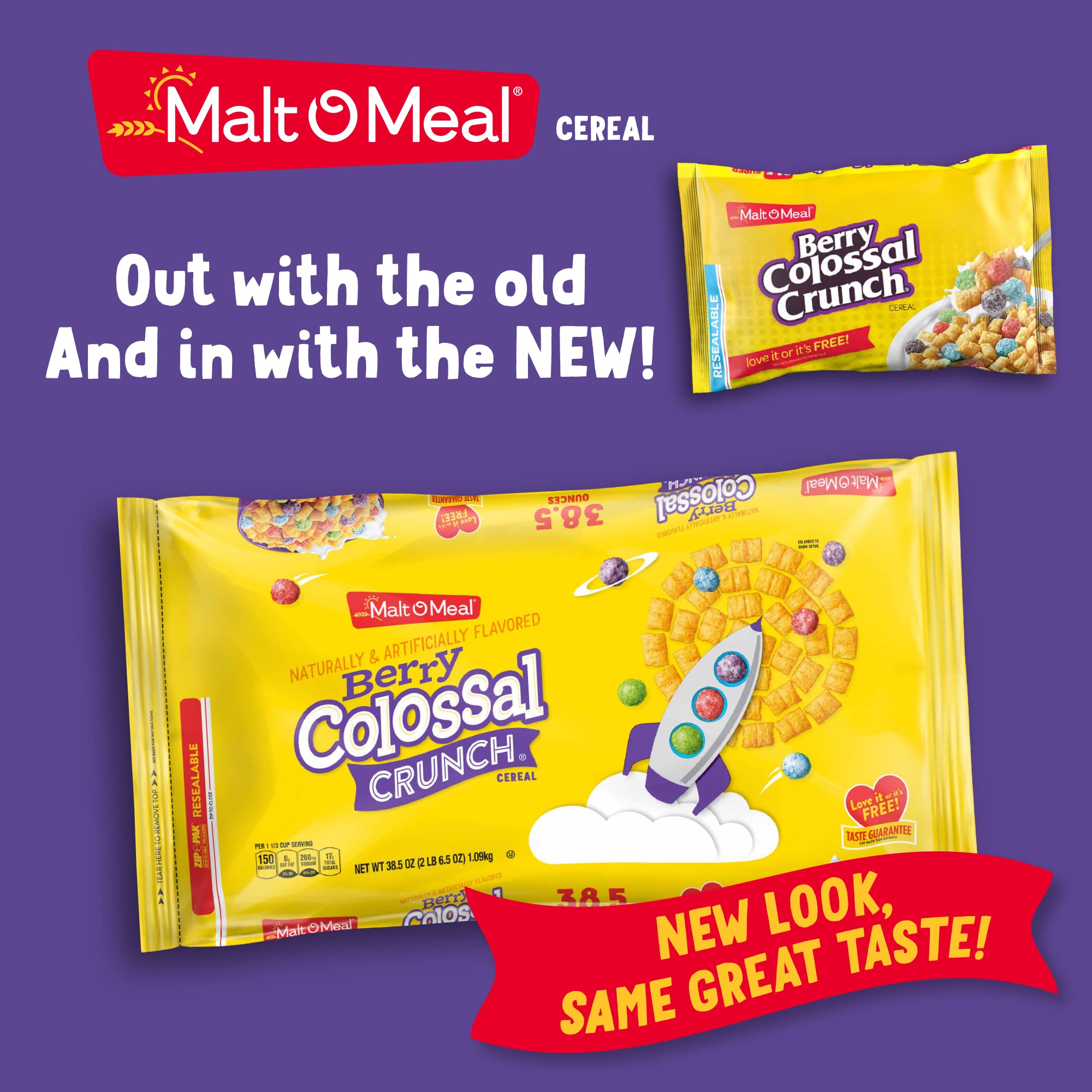 Malt-O-Meal Berry Colossal Crunch resealable bag maintains freshness after opening.