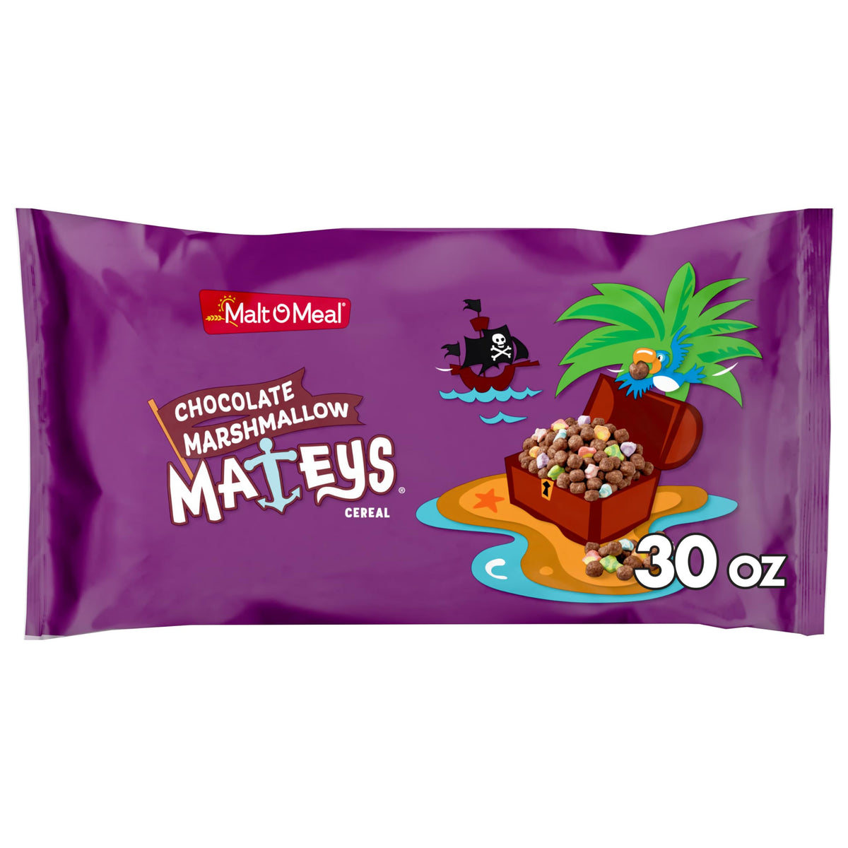 Malt-O-Meal Chocolate Marshmallow Mateys bag on the table, ready for a family breakfast.