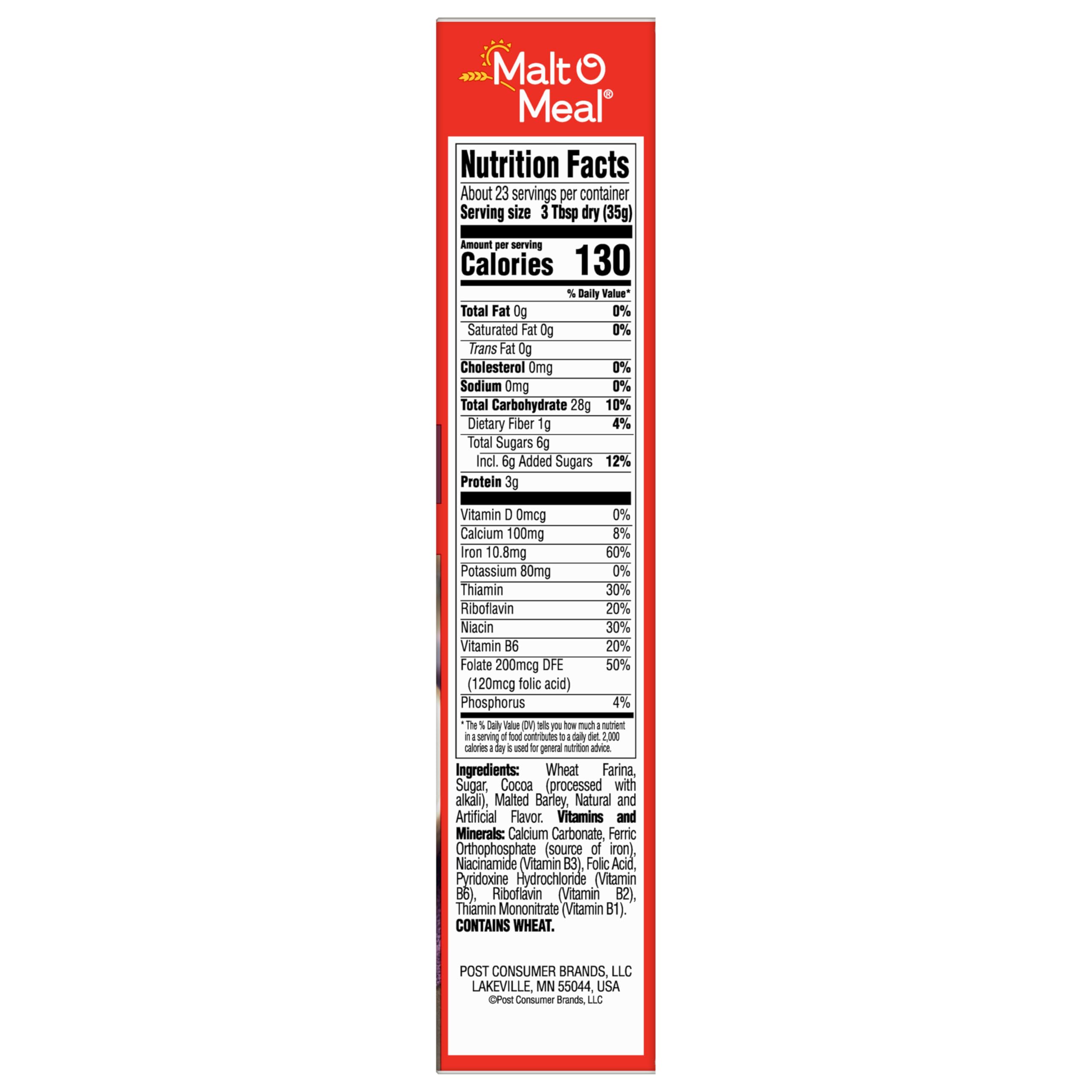 Malt-O-Meal box shows fortification with folic acid and iron.