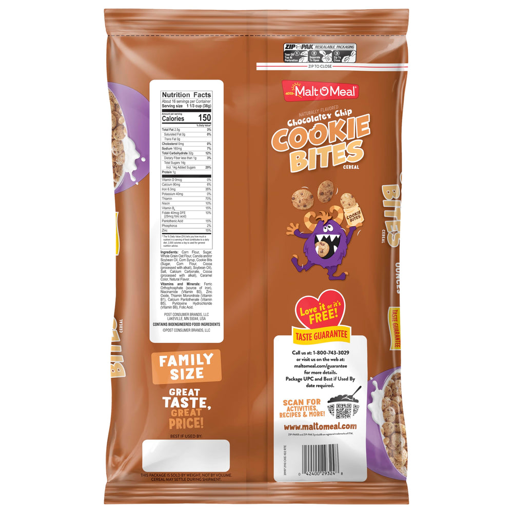 Malt-O-Meal Chocolatey Chip Cookie Bites in a kid-friendly bowl for busy mornings.