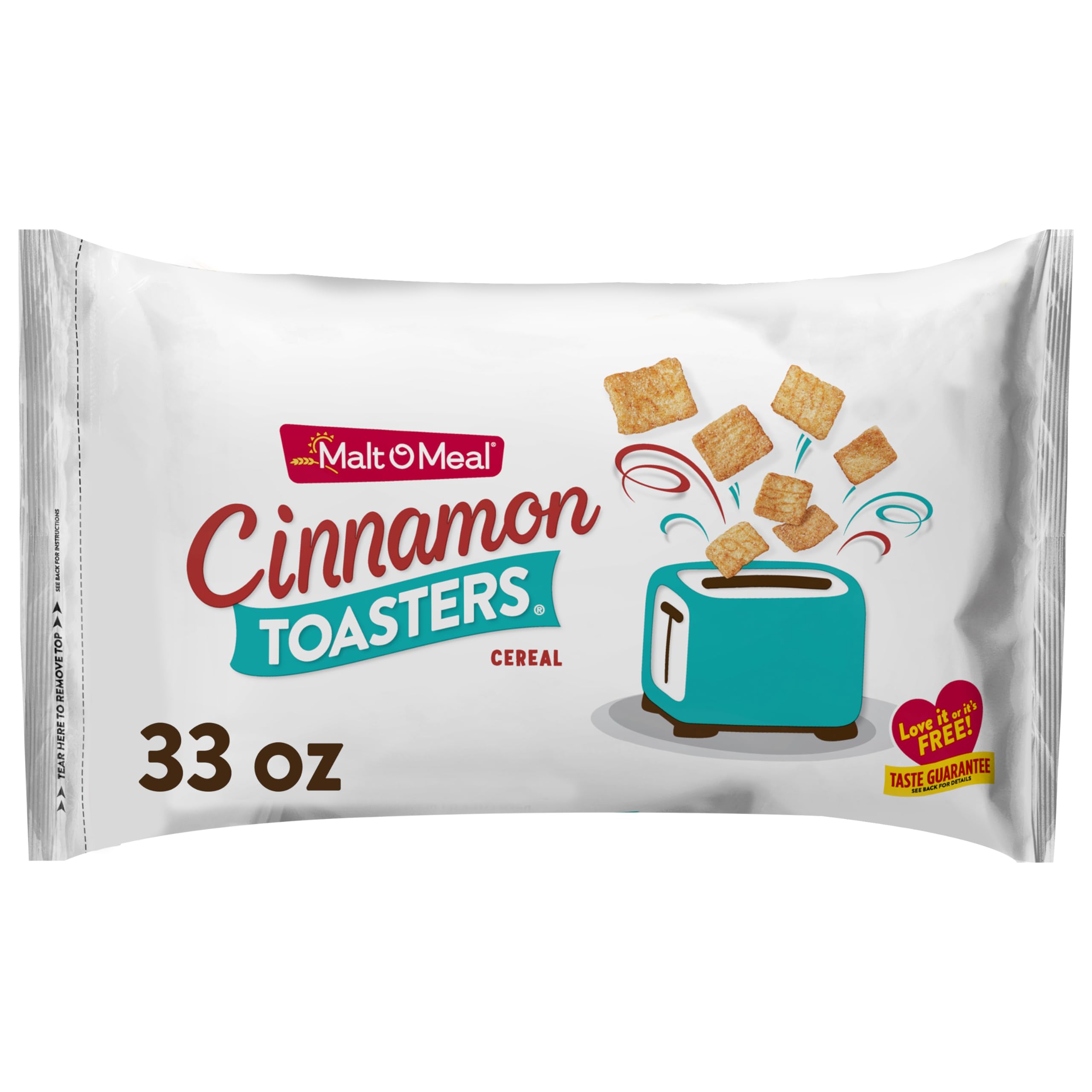 Malt-O-Meal Cinnamon Toasters bag shows resealable packaging for lasting freshness.