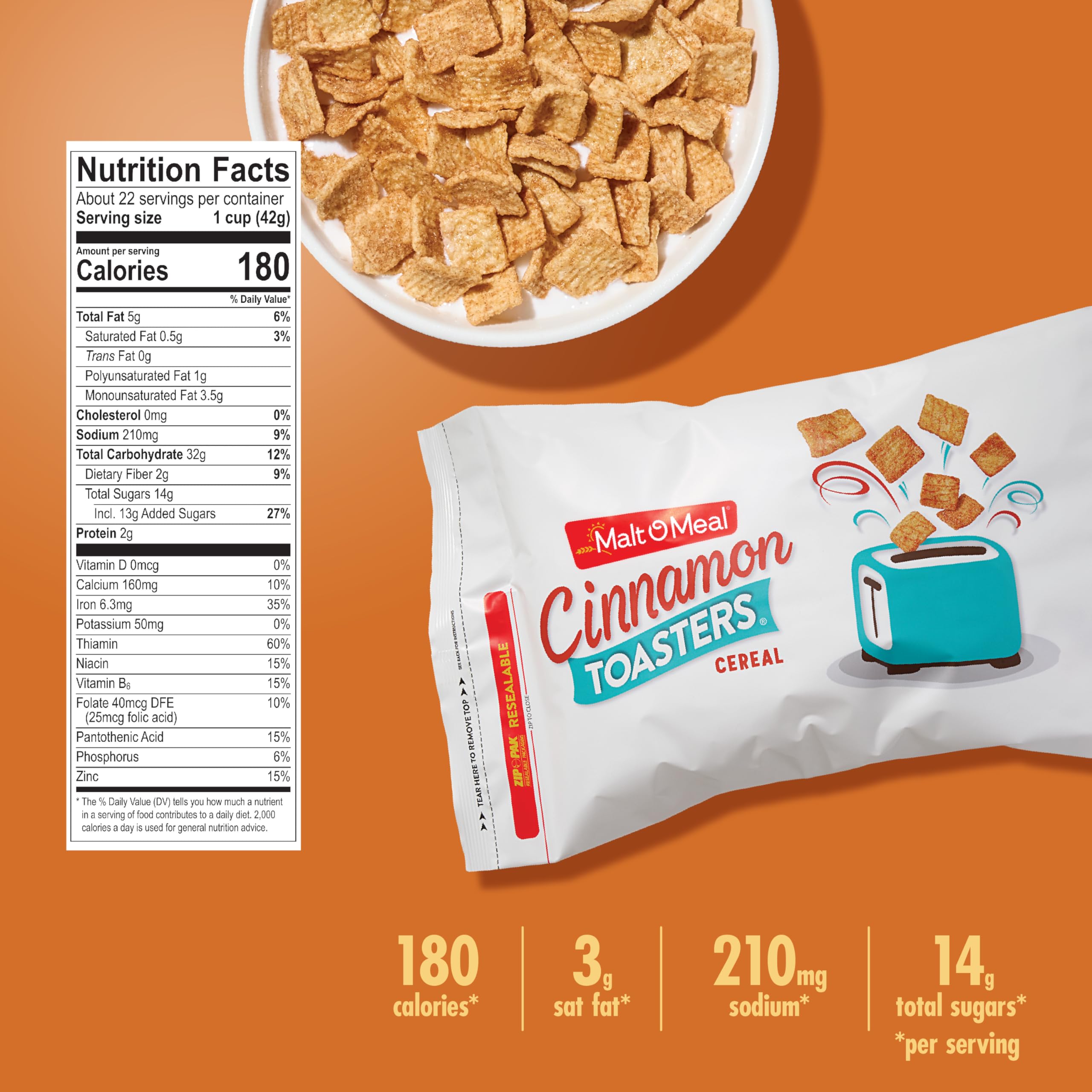 Malt-O-Meal Cinnamon Toasters cereal-squares bowl highlights sweet, toasty flavor.
