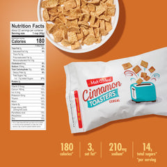 Malt-O-Meal Cinnamon Toasters cereal-squares bowl highlights sweet, toasty flavor.