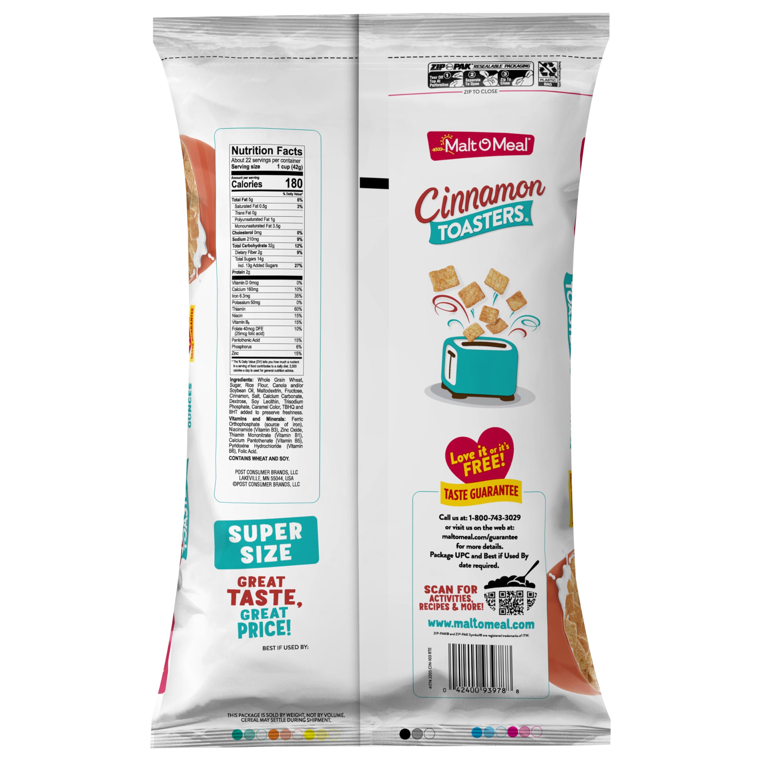 Malt-O-Meal Cinnamon Toasters resealable-bag underscores freshness and crunch.