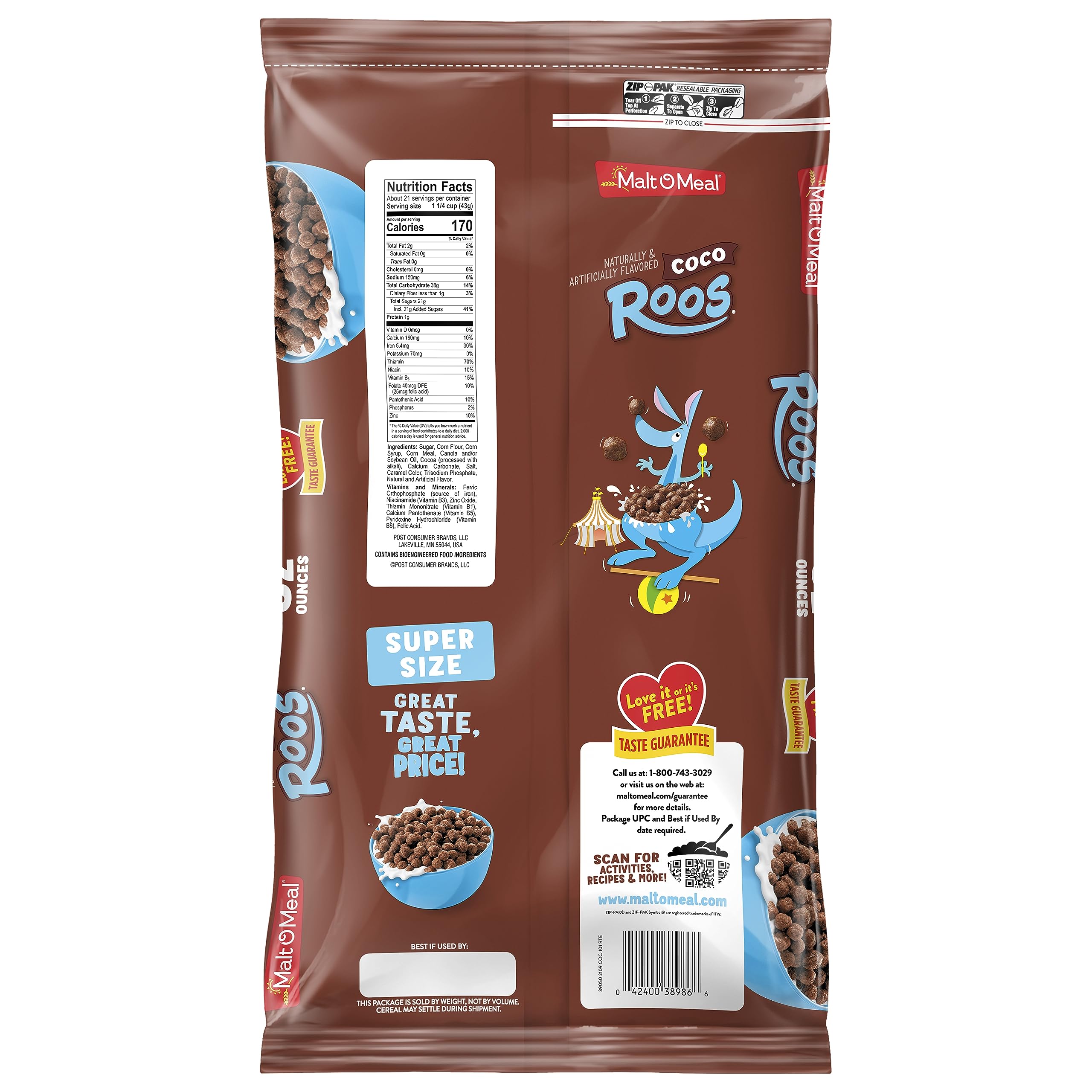 Malt-O-Meal Coco Roos resealable-bag: keeps cereal fresh and crunchy.