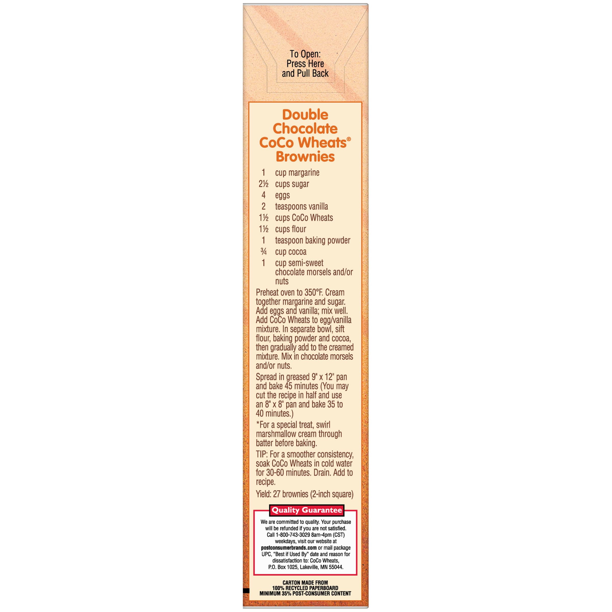 Malt-O-Meal Coco Wheats nutrition label highlighting iron content.