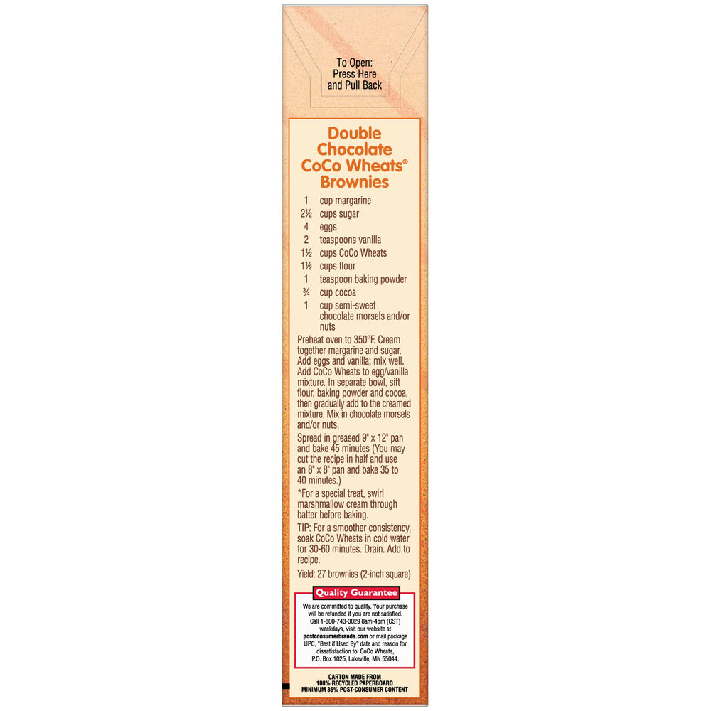 Malt-O-Meal Coco Wheats nutrition label highlighting iron content.