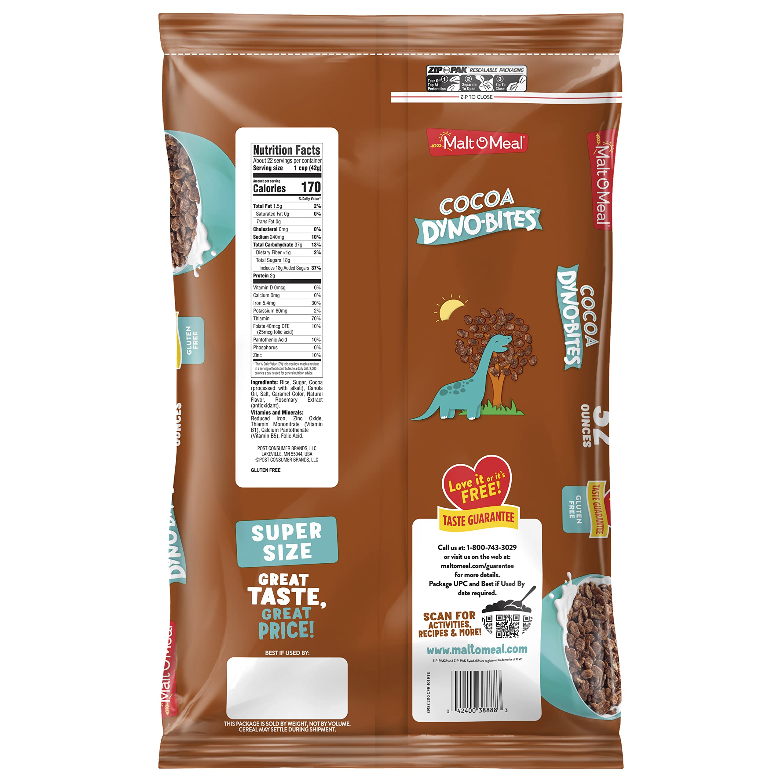 Malt-O-Meal Cocoa Dyno Bites in a 32 oz family-size bag.