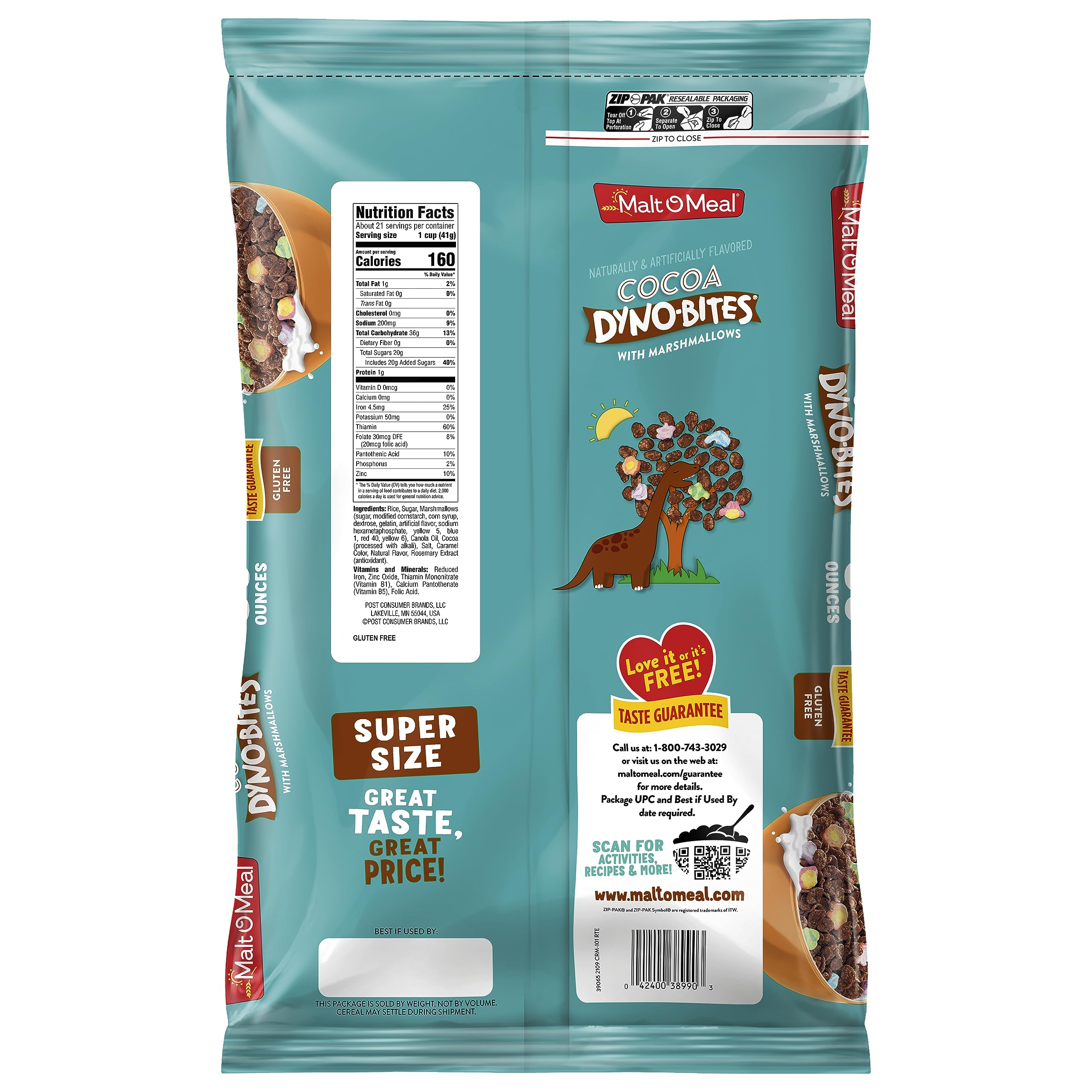 Resealable bag preserves crunch and freshness for Malt-O-Meal Cocoa Dyno Bites