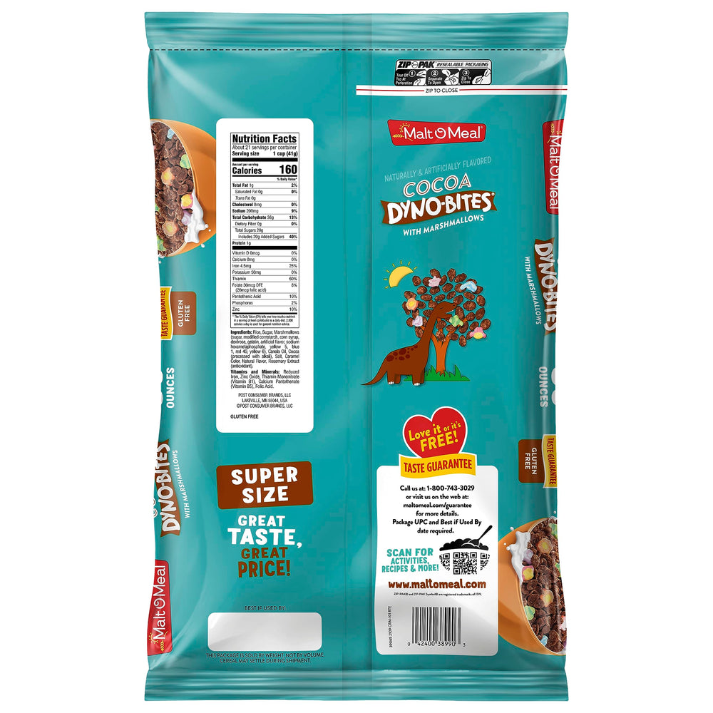 Resealable bag preserves crunch and freshness for Malt-O-Meal Cocoa Dyno Bites