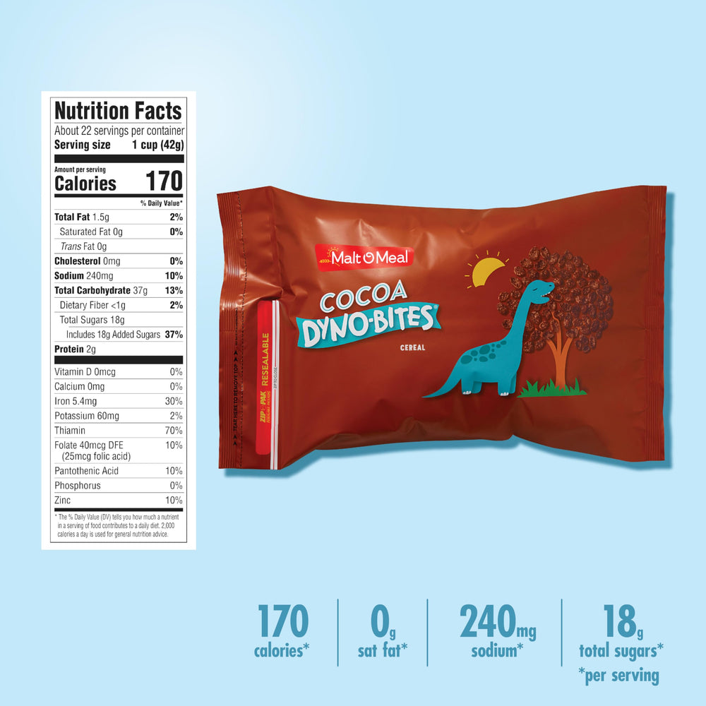 Pouring Malt-O-Meal Cocoa Dyno Bites from resealable bag.