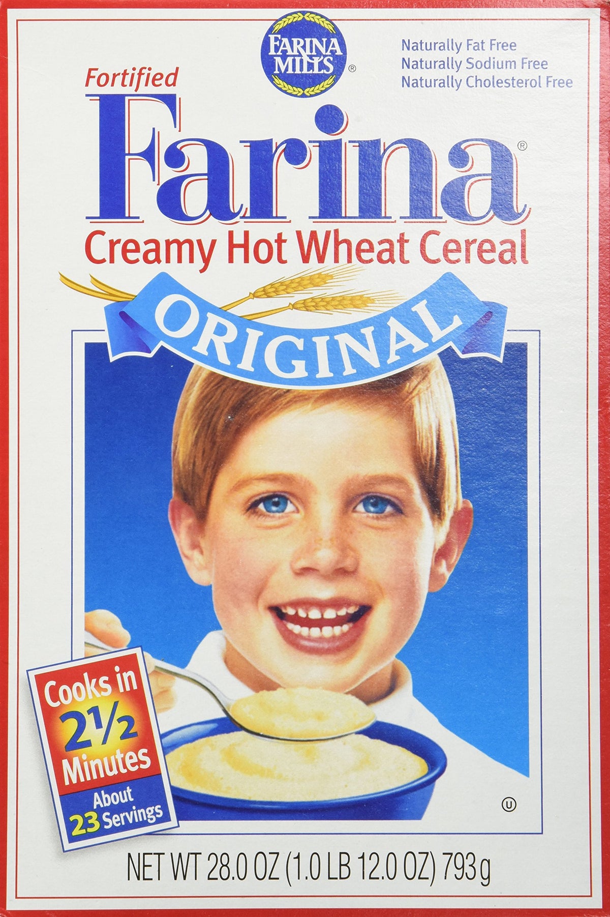 Malt-O-Meal Farina Mills hot cereal pour shows quick-prep convenience for busy mornings.