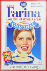 Malt-O-Meal Farina Mills hot cereal pour shows quick-prep convenience for busy mornings.